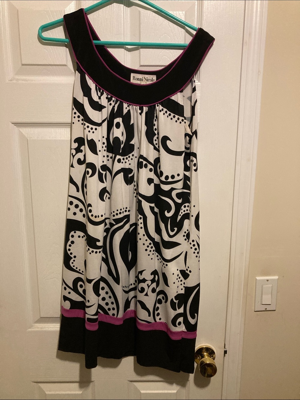 Ronni Nicole Black Dress with Pink Trim and Graphic Print